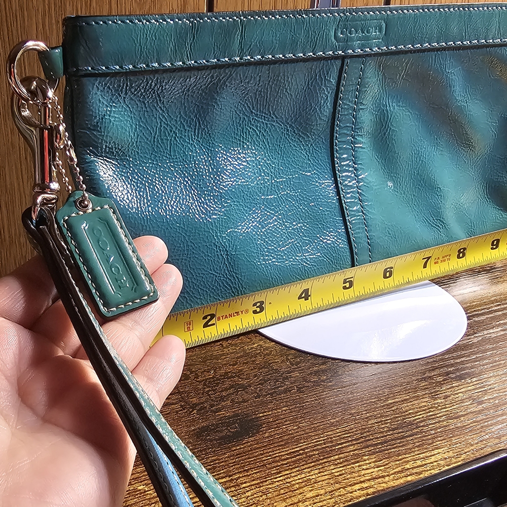 Coach -teal oversized pathen leather wristlet clutch